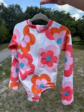 Kids Floral Long-Sleeve Zip Front Swimsuit - Pink & Orange